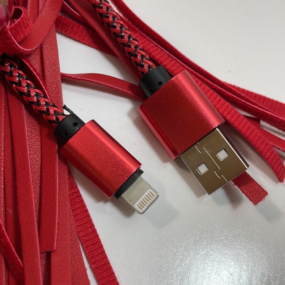 Red and gold tone metal tassel key ring holder with USB cord cable - Picture 4 of 4